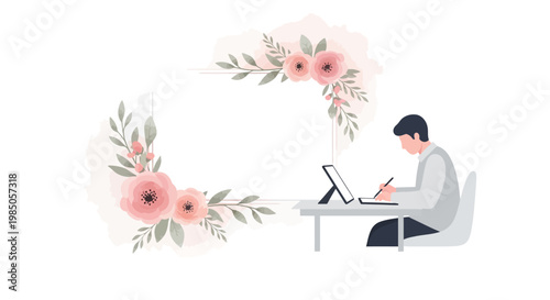Artist drawing on tablet with floral frame, digital art, creative work, remote job