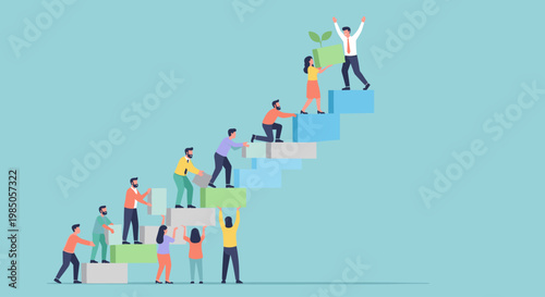 People climbing up colorful steps together.