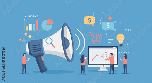 Megaphone with people and business graphics.