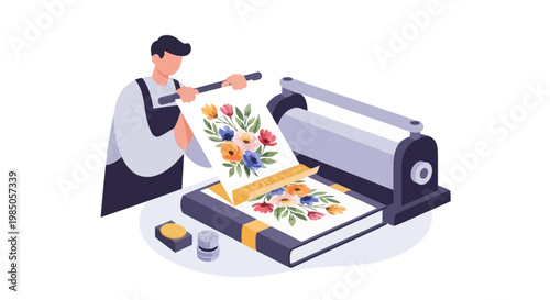 Artist printing floral artwork on paper using a printing press, creative art concept