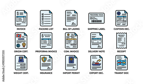 Various shipping and documentation icons: invoice, bill of lading, customs, insurance, export, import