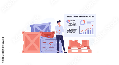 Asset Management Decision: Man Pondering Over Damaged Crates and Analytics Chart