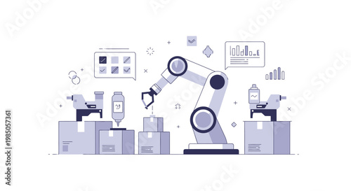 Automated robotic arm in a factory assembling products on a conveyor belt, modern industry concept.