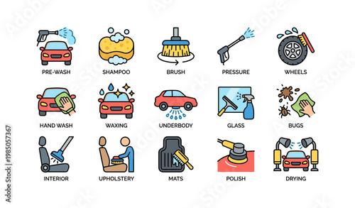 Icon set of car washing and detailing services for comprehensive vehicle care