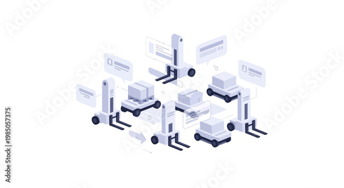 Automated warehouse robots moving boxes, logistics, delivery, smart factory concept
