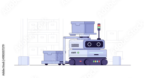 Autonomous mobile robot carrying boxes in a warehouse, logistics automation