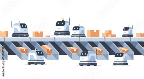 Automated warehouse robots moving packages on conveyor belts and floor