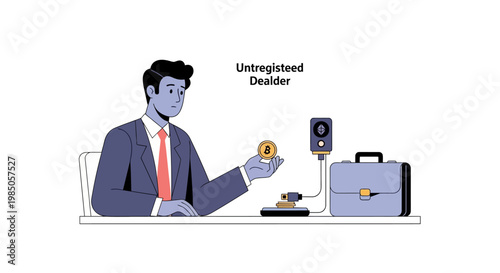 Businessman holding bitcoin coin near unregistered dealer sign and briefcase