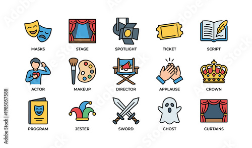 Theater symbols including masks, spotlight, actor, crown, and swords