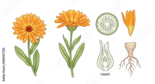 Calendula Flower Botanical Illustration: Full Bloom, Cross-Section, Bud, and Root System