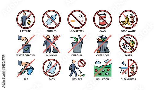 No littering: prohibited waste practices and clean environment symbols