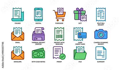 Set of receipt icons: digital, thermal, purchase, gift, camera scanning, cash, summary
