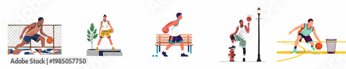 Set of flat illustrations featuring diverse male and female basketball players in urban settings, showcasing streetball culture and active lifestyles.