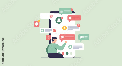 Man interacting with speech bubbles.