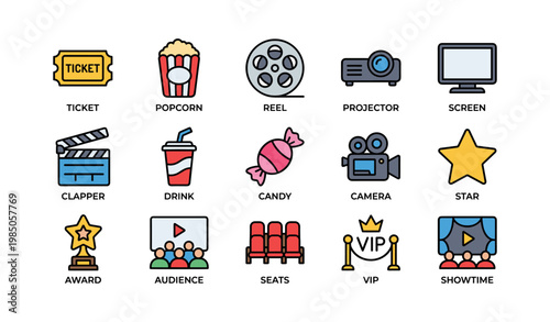 Cinema icons collection: movie ticket, popcorn, film reel, projector, screen, clapper, drink, candy, camera