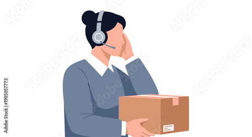 Customer service agent with headset holding package, logistics and delivery concept