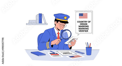 Customs Officer Inspecting Country of Origin Marking with Magnifying Glass