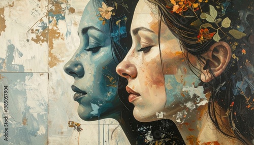 Two women's profile portraits merged, one blue, one warm-toned, adorned with flora