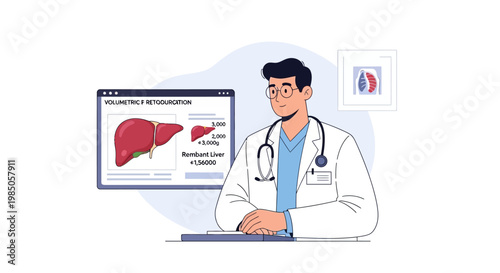 Doctor analyzing liver scan results on computer screen, medical illustration