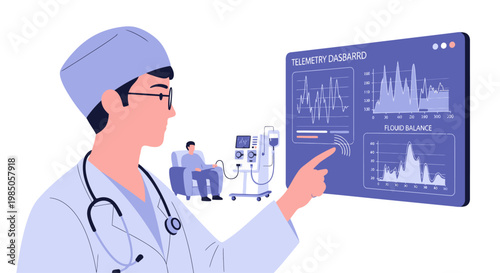 Doctor analyzing patient data on futuristic medical dashboard with vital signs