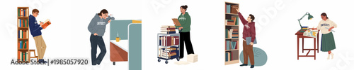 Flat vector illustration of diverse university students engaged in various study, research, and library activities on a white background.