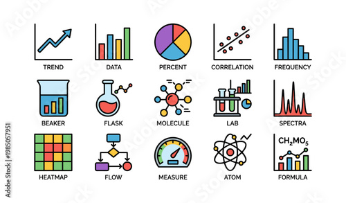 Colorful science icons representing data, lab, molecule, and measurement concepts
