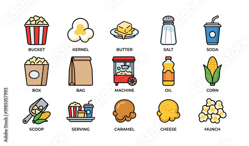 Popcorn essentials: bucket, kernel, butter, salt, soda, box, machine, oil, corn