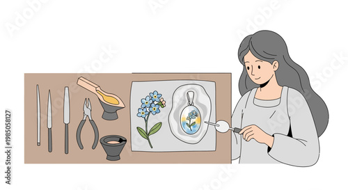 Artisan crafting delicate jewelry with flowers and resin, tools laid out