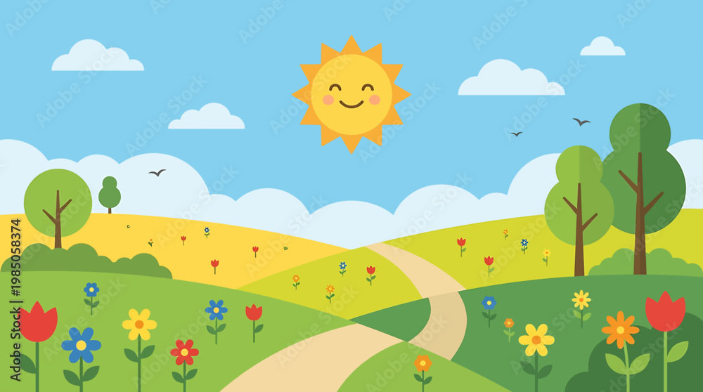 Obraz premium A delightful cartoon landscape showcasing a sunny day with rolling green hills, colorful wildflowers, and a winding path, perfect for a peaceful outdoor adventure