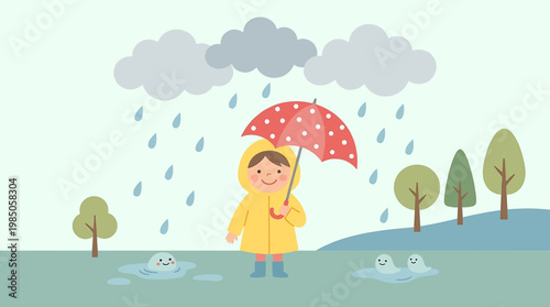 A cheerful child in a yellow raincoat holding a red umbrella, enjoying a rainy day with playful water droplets and smiling cloud characters in a grassy field with trees
