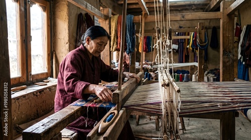 Obraz na płótnie Weaver working on traditional loom machine.