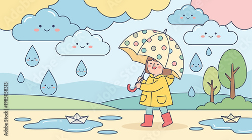 Cute girl with umbrella on a rainy day with happy clouds and paper boats in puddles