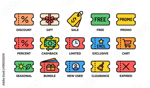 Colorful discount icons set: cashback, clearance, exclusive, seasonal, gift