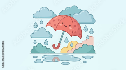 Cheerful cartoon illustration capturing a happy red umbrella smiling brightly on a lovely rainy day, surrounded by soft clouds and a puddle reflecting a small rainbow