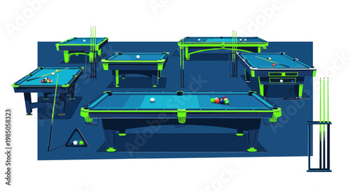 Multiple Billiard Tables, Pool Tables, Balls and Cues Displayed