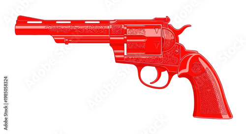 Red Engraved Revolver Gun Silhouette Isolated on White Background