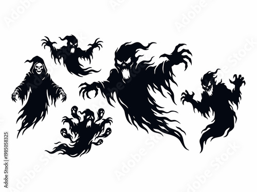 Set of scary ghost silhouettes and spooky flying grim reaper characters for Halloween design
