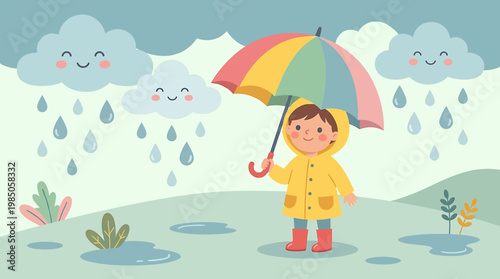 Cute cartoon child with a colorful umbrella enjoying a rainy day with smiling clouds and puddles, surrounded by nature