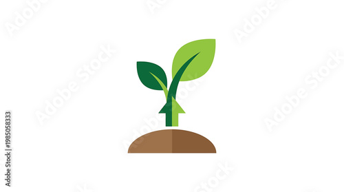Vibrant green sprout emerging from rich soil with an upward arrow, symbolizing growth, progress, and sustainable development. A fresh start for eco-friendly initiatives and flourishing new ventures
