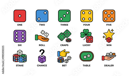 Colorful dice and casino game icons: craps, lucky clover, chips, bet, win