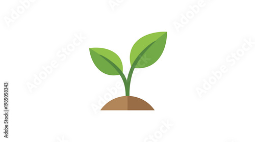 A simple flat design illustration of a young plant with two green leaves emerging from soil, symbolizing growth and new beginnings