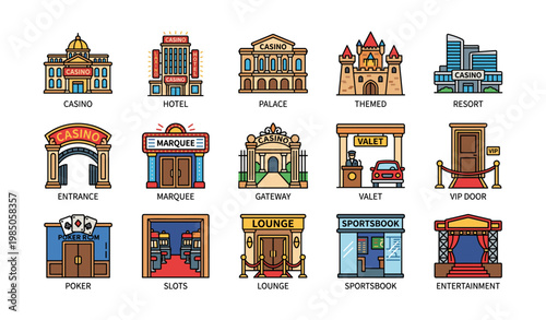 Colorful casino icons set featuring hotel, palace, and entertainment elements
