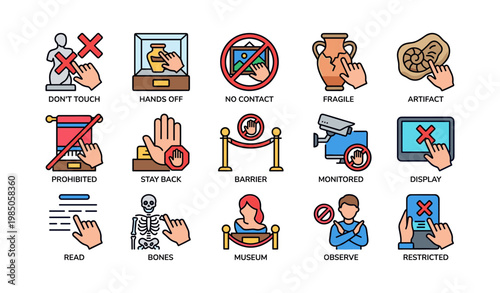 Museum guideline icons: rules prohibit touching contact fragile exhibits