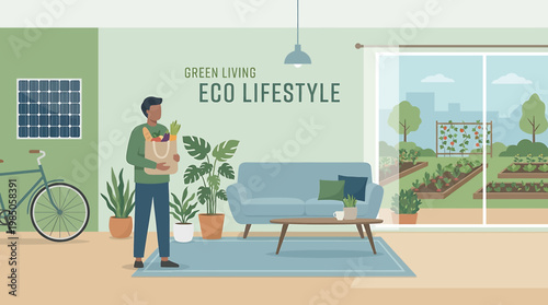 Contemporary home showcasing eco-friendly sustainable living, a man with groceries, solar panels, bicycle, and a vibrant urban garden vista