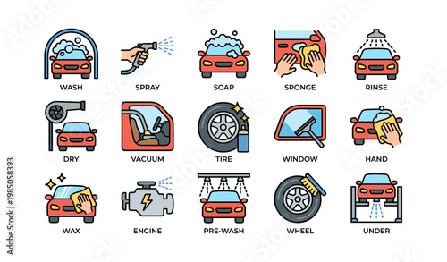 Car wash icons collection: wash, soap, rinse, dry, vacuum, tire, wheel