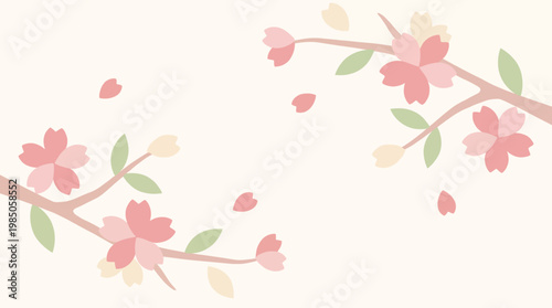 Delicate pink and yellow cherry blossom branches with gently falling petals, creating a serene and beautiful springtime background illustration