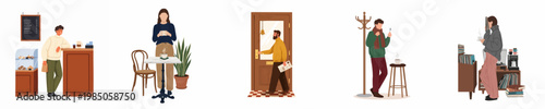 Set of vector illustrations depicting people enjoying daily life activities, coffee culture, and cozy indoor settings in a flat graphic style.