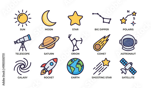 Astronomy icons featuring planets, stars, and space exploration elements