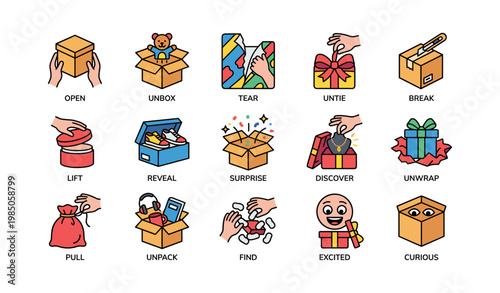 Set of colorful icons illustrating various box opening actions and emotions