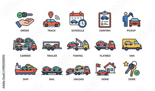 Vehicle delivery icons set: order, track, schedule, confirm, pickup, home